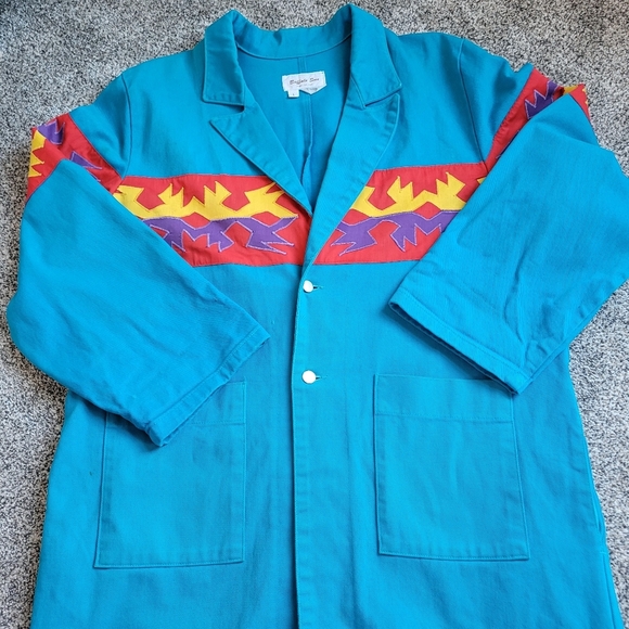 Vintage Buffalo Sun Blue Red Western Aztec Long Trench Denim Coat Jacket Large - Picture 3 of 7